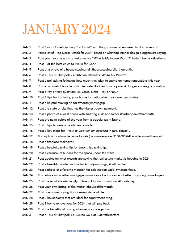 Real Estate Social Media Post Ideas Content Calendar Printable PDF